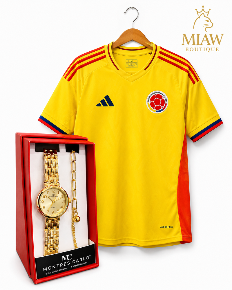 Combo Exclusivo Camiseta Selección Colombia + Reloj Dorado Montres Carlo para Mujer