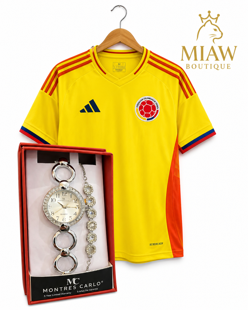 Combo Mujer Selección Colombia + Reloj Montres Carlo Plateado con Pulsera de Cristales