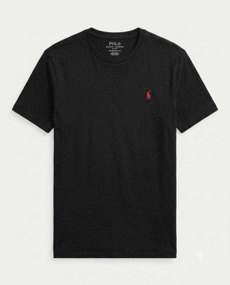 Polo Ralph Lauren Custom Slim Fit Cotton T-Shirt (Camiseta Negra con Logotipo de Poni Rojo de Polo Ralph Lauren)