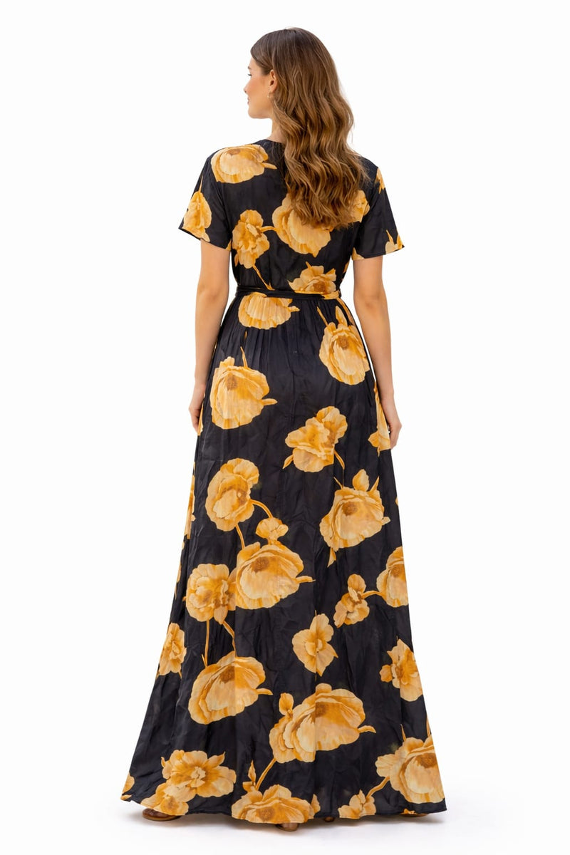 VESTIDO LARGO FLORAL ELEGANTE CON ESCOTE CRUZADO