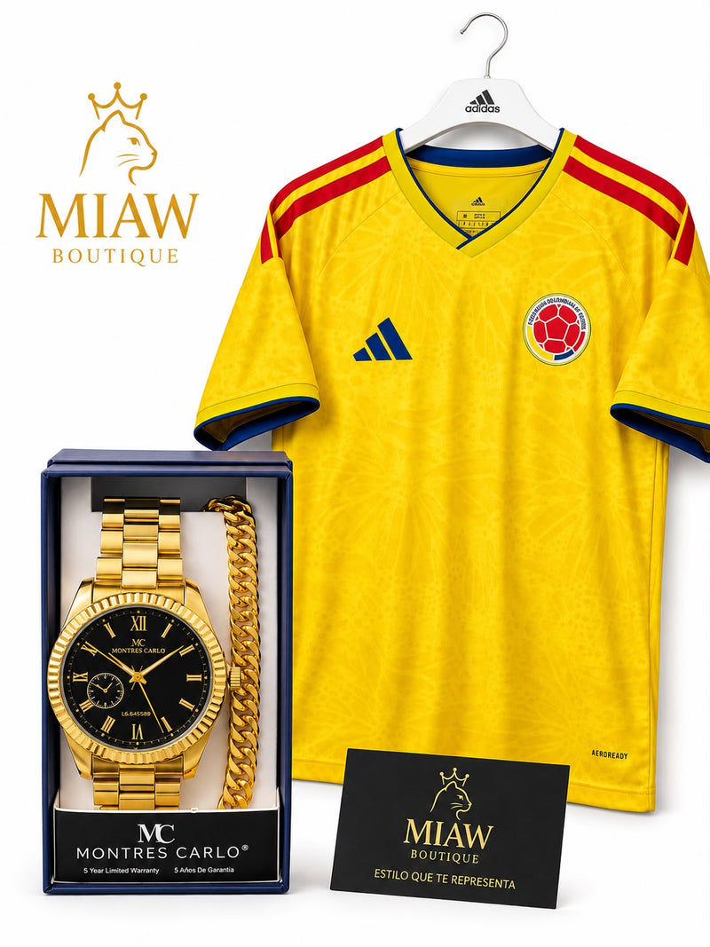Combo Élite Tricolor: Reloj Cronógrafo Montres Carlo® + Camiseta Selección Colombia (Edición Limitada)