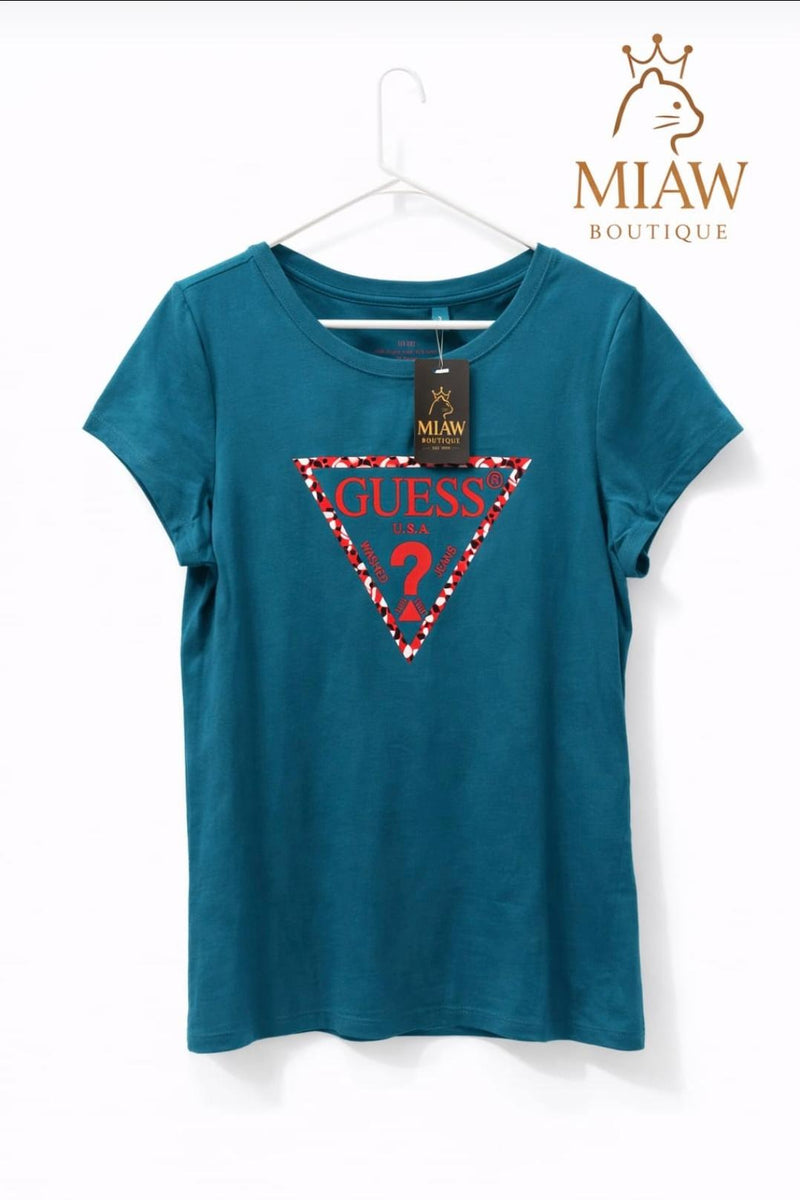 Camiseta Guess Mujer Azul Petróleo Tee Casual Logo Triángulo